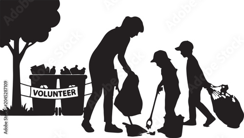 Canvastavla Silhouettes of a family volunteering for community cleanup to teach children env