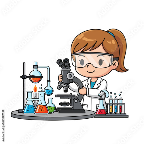 Scientist girl working with microscope and lab equipment cartoon