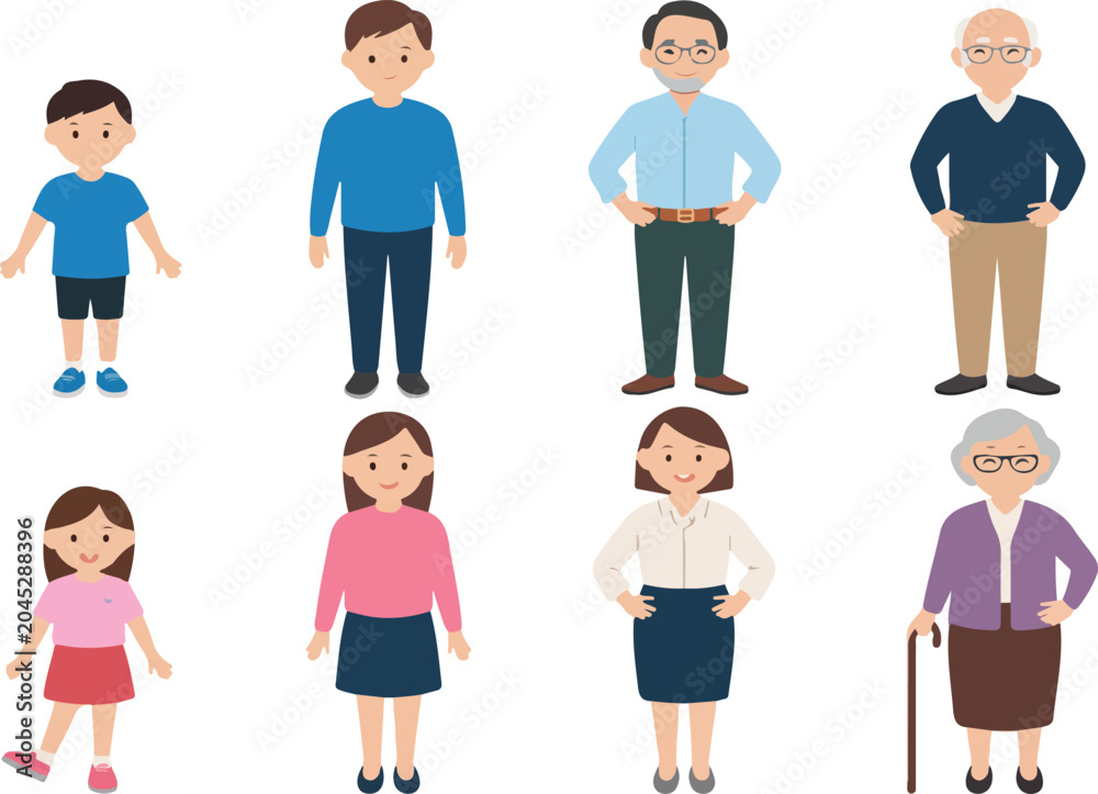 Fototapeta premium Cartoon vector illustration of family members showing different ages and generations from children to elderly adults isolated on white background
