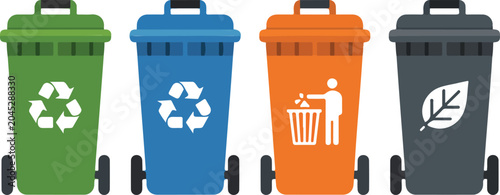 Obraz na płótnie Colorful waste bin vector illustration showing recycling, trash, and organic dis