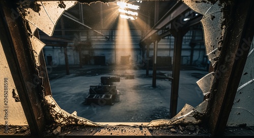 Sunlight streams through broken window into abandoned industrial building