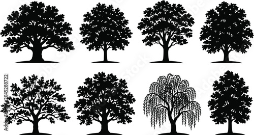 Cuadro en lienzo Set of eight black tree silhouettes with varied canopy and branching styles incl