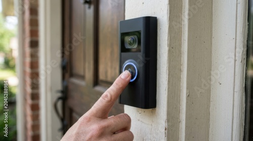 Person pressing a modern smart video doorbell button at front door