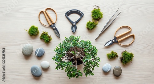 A flat lay view of a potted bonzai tree surrounded by professional gardening tools, moss, and decorative stones on a clean light wooden tabletop surface