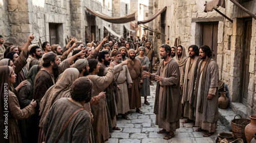Crowd of ancient people confronting apostle in city street, Religious conflict and persecution scene from biblical times, Historical reenactment of disagreement between men and women 