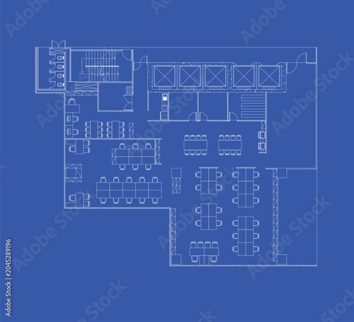 Office Furniture Layout Plan Blueprint with Open Workspace, Elevator Hall, Restrooms and Printing Area
