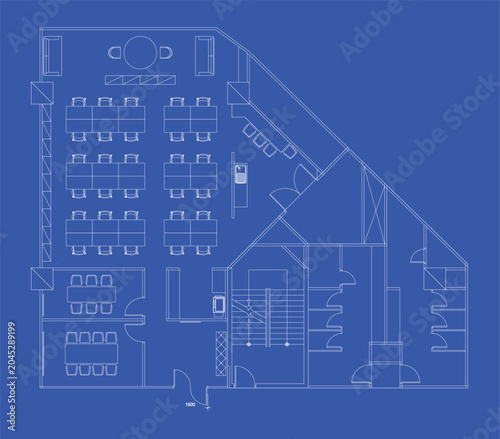 Office Furniture Layout Plan Blueprint with Common Areas, Restrooms, Corridors, Meeting Rooms and Reception Waiting Area