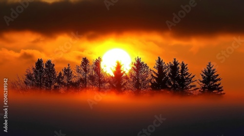 An ethereal evening glow behind tree silhouettes.