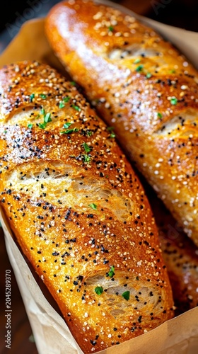 A delightful display of golden brown baguettes nestled in a paper bag.
