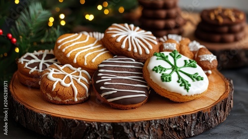 An inviting display of colorful holiday cookies set atop a rustic wooden surface.