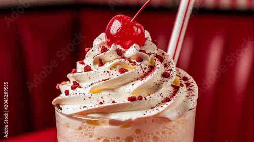 A delicious milkshake with whipped cream and a cherry on top.