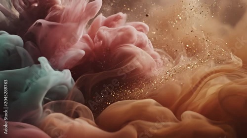 Abstract swirling pink and brown ink with golden glitter in liquid
