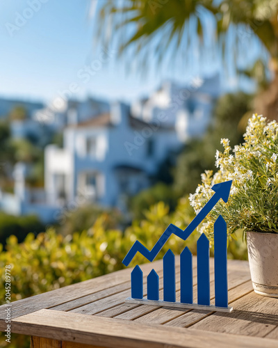 Growth and Prosperity Outdoors: A vibrant blue graph with an upward trending arrow symbolizes financial growth and success, set against a backdrop of sun-drenched white buildings and lush greenery.