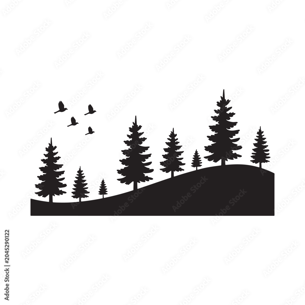 Fototapeta premium Forest Silhouette With Flying Birds Against White Background