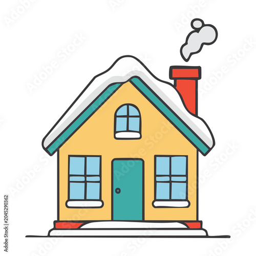 Cartoon house with snow on roof and smoke from chimney