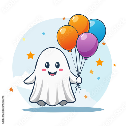 Cute cartoon ghost holding colorful balloons