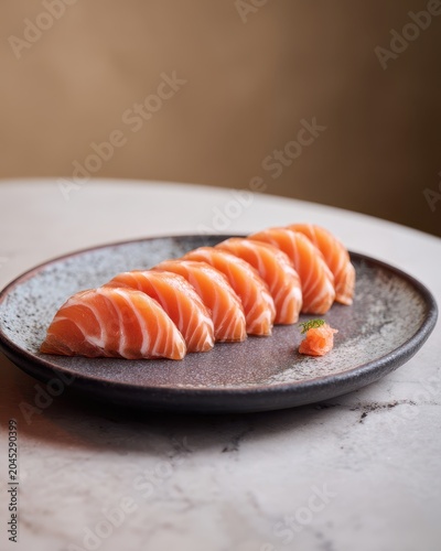 Salmon sashimi slices on rectangular black plate over dark background
