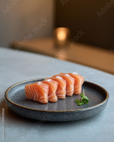 Premium salmon sashimi served on oval ceramic plate in warm light
