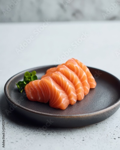 Premium salmon sashimi served on oval ceramic plate in warm light