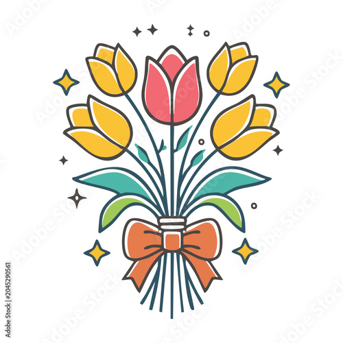 Flat design tulip bouquet with bow and stars