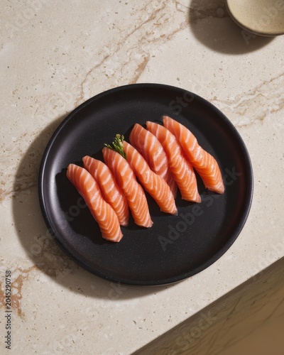 Fresh salmon sashimi slices on black ceramic plate over stone table
