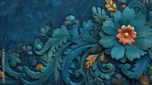 Intricate Teal Floral Relief Sculpture with Orange Center.