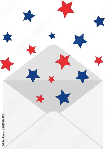 Happy 4th of July America day with stars flying out of envelope