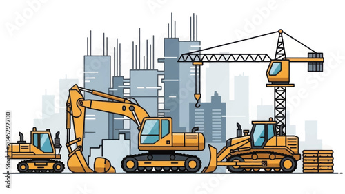Heavy Construction Machinery on City Building Site: Crane, Bulldozer, and Excavators Illustration for Urban Development and Infrastructure Projects.