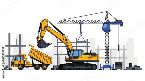 Construction Site Heavy Equipment Working: Excavator, Dump Truck, and Tower Crane Building Structure Vector Illustration