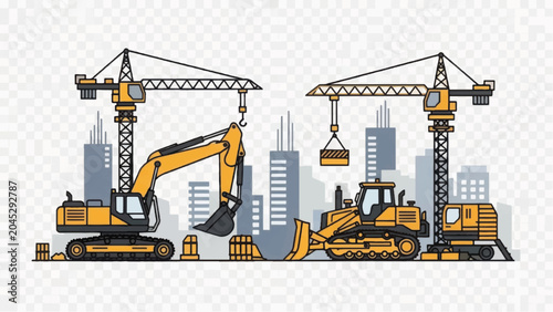 Construction Site Illustration: Heavy Equipment (Excavator, Bulldozer, Cranes) working on Urban Building Project.