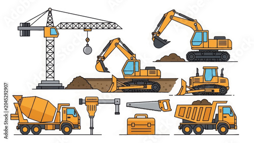 Construction Site Machinery and Tools Vector Set. Heavy Equipment Collection: Crane, Excavator, Bulldozer, Dump Truck, Concrete Mixer, and Jackhammer Icons.