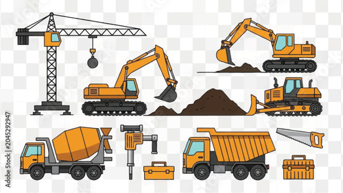Construction Vehicles and Heavy Machinery Vector Set. Isolated Kit of Industrial Equipment: Crane, Excavator, Bulldozer, Dump Truck, and Tools.
