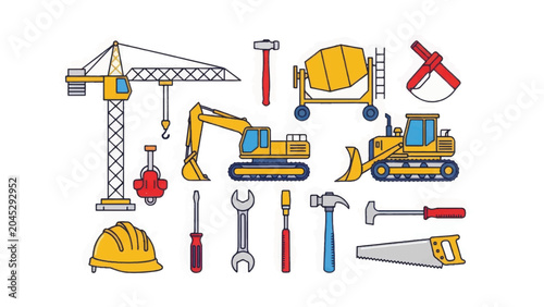 Vector Construction Tools and Heavy Machinery Icon Set: Crane, Excavator, Bulldozer, Cement Mixer, Helmet, Hammer, Saw, and Wrench.