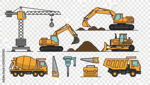 Heavy Construction Machinery and Building Site Equipment Collection. Crane, Excavator, Bulldozer, Mixer Truck, and Tools Outline Vector Set.
