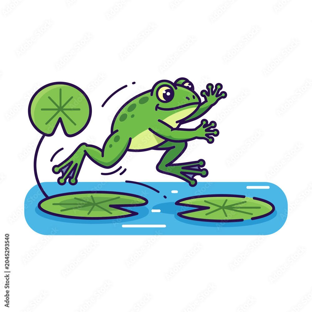 Fototapeta premium Happy cartoon frog jumping between lily pads on water