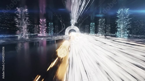 Abstract digital tunnel with glowing lines and futuristic cityscape