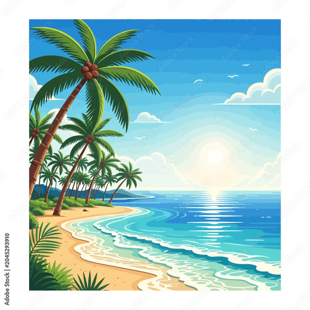 Fototapeta premium Tropical Beach Scene with Palm Trees and Ocean View