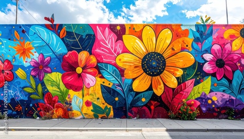 Vibrant sunflower and floral graffiti mural on urban wall.