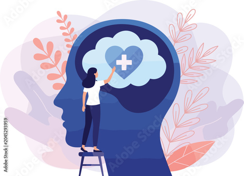 Mental health awareness illustration with woman caring for human brain heart and cross symbol representing psychological wellness and therapy
