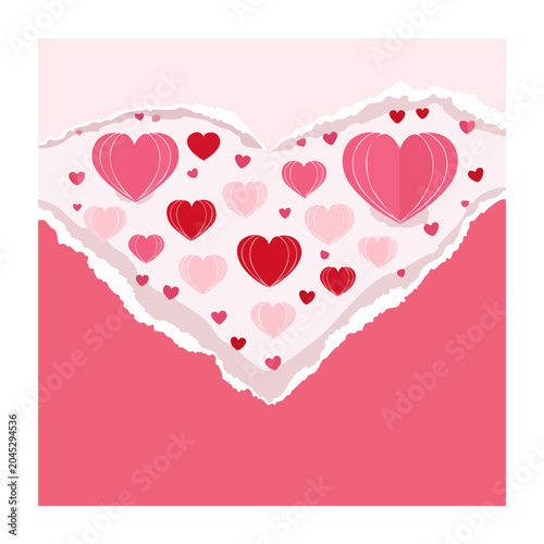 Pink and red hearts pattern with torn paper effect