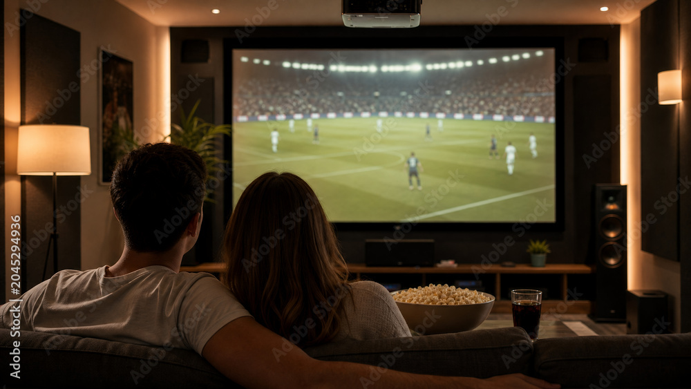 Naklejka premium Home theater sports night with couple watching match on large screen