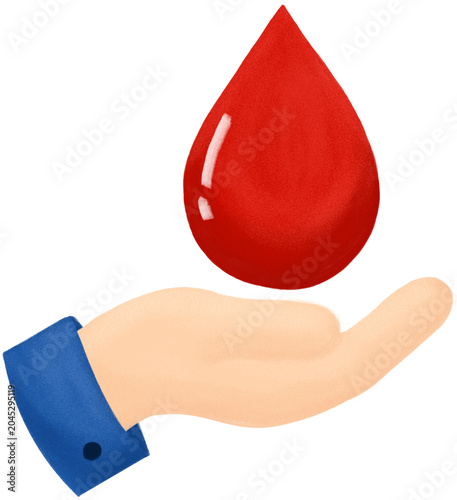 Flat textured illustration of a human hand supporting a red blood drop symbol. Concept of blood donation, healthcare support, charity, medical care, and saving lives.