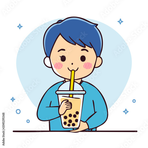 Cute cartoon boy drinking bubble tea