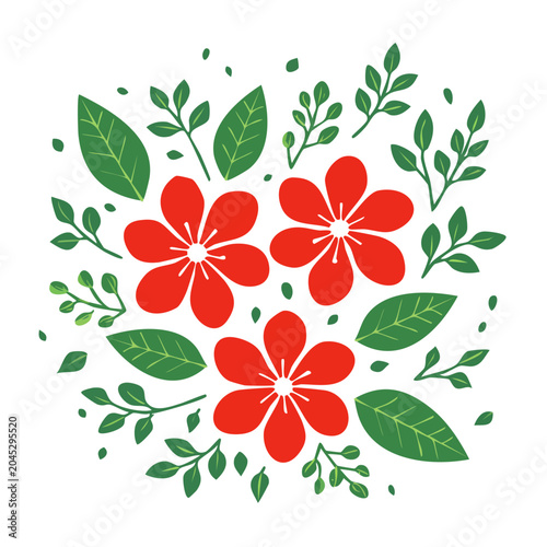 Red flowers and green leaves arranged in a circular pattern