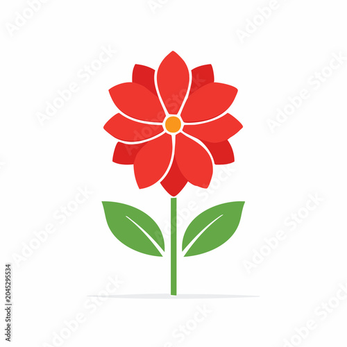 Stylized Red Flower with Green Leaves