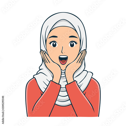 Surprised woman wearing hijab with hands on cheeks