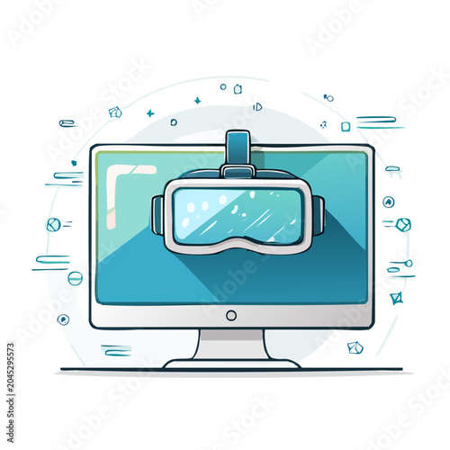 VR headset on computer screen, flat design illustration
