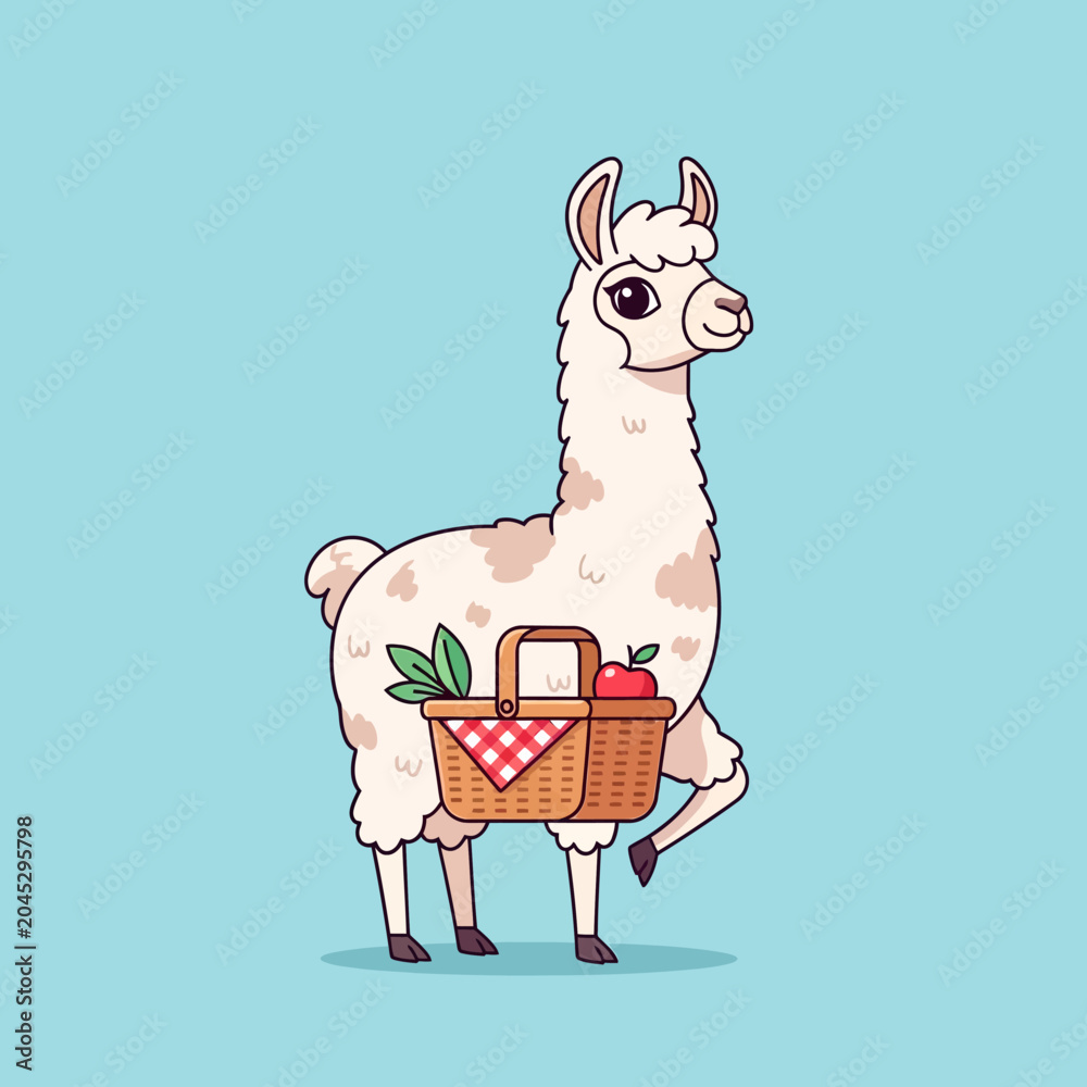 Fototapeta premium Cute Llama with Picnic Basket and Apple - Vector Illustration