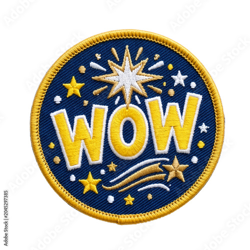 Wow embroidered patch badge on isolated transparent background