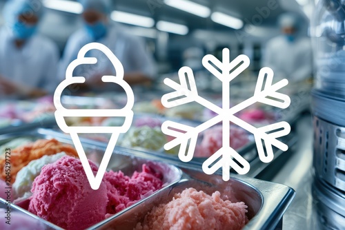 A production studio showcasing colorful ice cream varieties in metal containers, with employees in the background preparing frozen desserts
